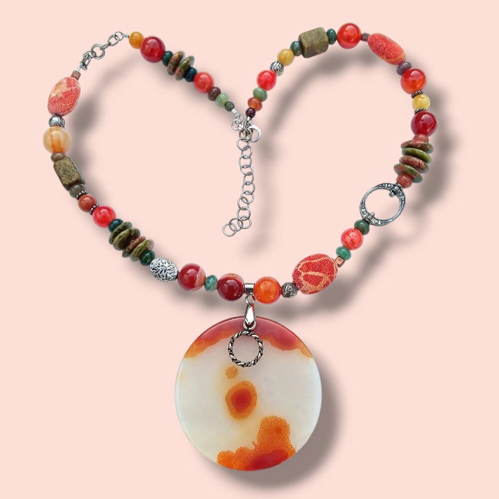Agate Pendant Necklace Red Orange Semi Precious Stones Sterling Silver 17in